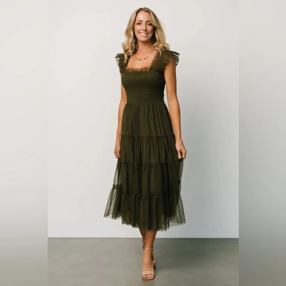 Baltic Born Olive Midi Dress with Ruffles - Picture 1 of 4